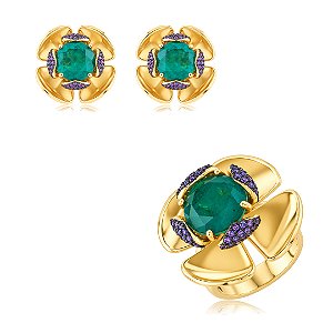 Conjunto de brinco e anel liso com pedra fusion esmeralda banho em ouro 18k