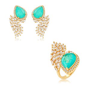 Conjunto de brinco e anel cravejado de zircônia cristal e pedra fusion turmalina banho em ouro 18k