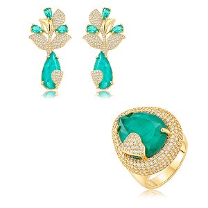 Conjunto luxo de brinco e anel cravejado de zircônia cristal e pedra fusion turmalina banho em ouro 18k