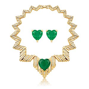 Conjunto de Colar e Brinco Luxo com Pedra Fusion Esmeralda Banho em Ouro 18K