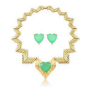 Conjunto de Brinco e Colar Luxo com Pedra Fusion Turmalina Banho em Ouro 18K