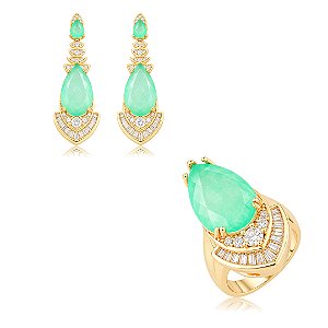 Conjunto de brinco e anel cravejado de zircônia cristal e pedra fusion turmalina banho em ouro 18k