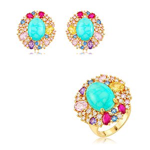 Conjunto de brinco e anel cravejado de zircônia colorida e pedra fusion turmalina banho em ouro 18k