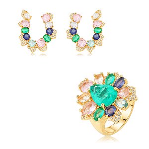 Conjunto de brinco e anel cravejado de zircônia colorida e pedra fusion turmalina banho em ouro 18k