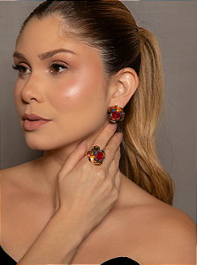 Conjunto de brinco e anel liso com pedra fusion rubi banho em ouro 18k