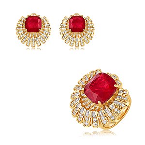 Conjunto luxo de brinco e anel cravejado de zircônia cristal e pedra fusion rubi banho em ouro 18k