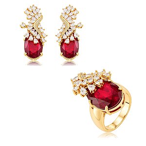Conjunto luxo de brinco e anel cravejado de zircônia cristal e pedra fusion rubi banho em ouro 18k