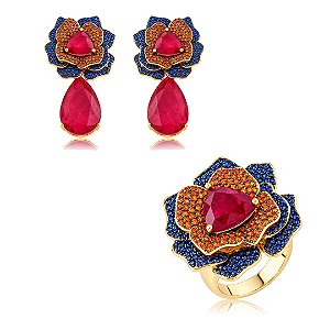 Conjunto luxo de brinco e anel cravejado de zircônia e pedra fusion rubi banho em ouro 18k