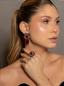 Conjunto luxo de brinco e anel cravejado de zircônia e pedra fusion rubi banho em ouro 18k