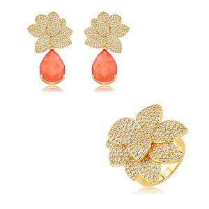 Conjunto luxo de brinco e anel cravejado de zircônia cristal e pedra fusion coral banho em ouro 18k