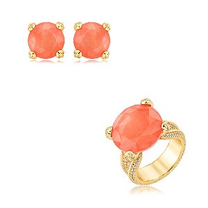Conjunto de brinco e anel cravejado de zircônia cristal e pedra fusion coral banho em ouro 18k