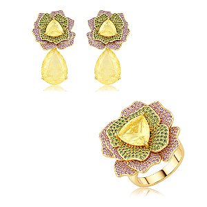 Conjunto luxo de brinco e anel cravejado de zircônia cristal e pedra fusion yellow banho em ouro 18k