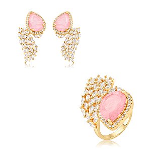 Conjunto de brinco e anel cravejado de zircônia cristal e pedra fusion rodonita banho em ouro 18k