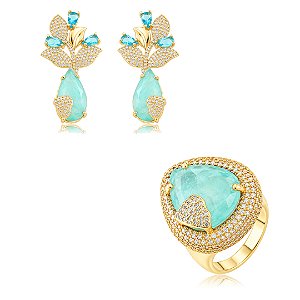 Conjunto luxo de brinco e anel cravejado de zircônia e pedra fusion acqua banho em ouro 18k