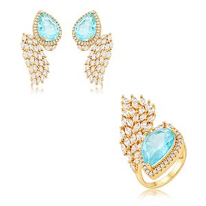 Conjunto luxo de brinco e anel cravejado de zircônia e pedra fusion acqua banho em ouro 18k