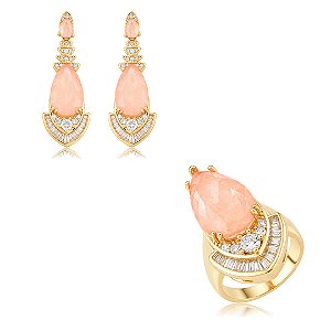 Conjunto de brinco e anel cravejado de zircônia e pedra fusion morganita banho em ouro 18k