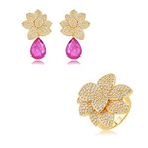 Conjunto luxo de brinco e anel cravejado de zircônia e pedra fusion fúcsia banho em ouro 18k