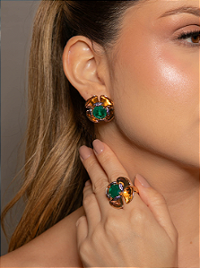 Conjunto de brinco e anel liso com pedra fusion fúcsia banho em ouro 18k