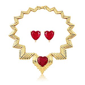Conjunto de Brinco e Colar Luxo com Pedra Fusion Rubi Banho em Ouro 18K