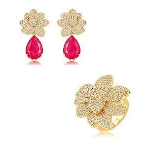 Conjunto luxo de brinco e anel cravejado de zircônia e pedra fusion rubelita banho em ouro 18k