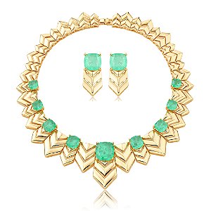 Conjunto de Brinco e colar Luxo liso com pedra Fusion Turmalina