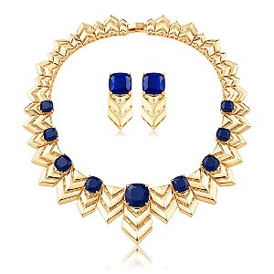 Conjunto de Brinco e colar Luxo liso com pedra Fusion Safira