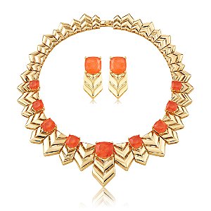Conjunto de Brinco e colar Luxo liso com pedra Fusion Coral