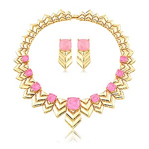 Conjunto de Brinco e colar Luxo liso com pedra Fusion Rodonita