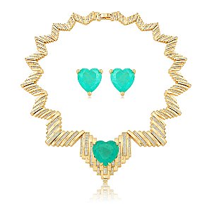 Conjunto de Colar e Brinco Luxo com Pedra Fusion Aqua Banho em Ouro 18K