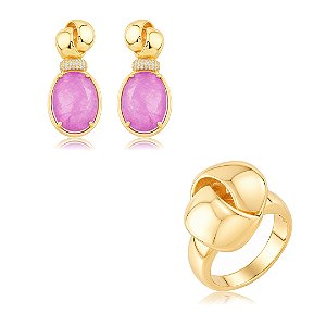 Conjunto de brinco e anel cravejado de zircônia e pedra fusion rubelita banho em ouro 18k