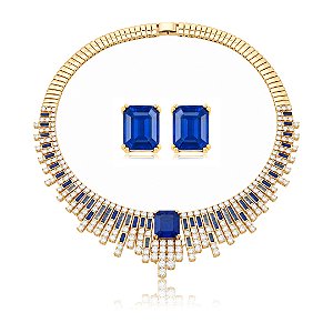 Conjunto de Brinco e Colar Luxo Cravejado com detalhe em Pedra Fusion Banho em Ouro 18K