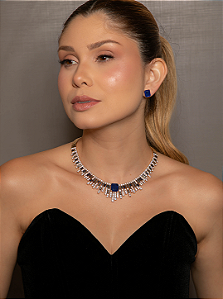 Conjunto de Brinco e Colar Luxo Cravejado com detalhe em Pedra Fusion Banho em Ouro 18K