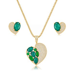 Conjunto luxo coração de brinco e anel cravejado de zircônia cristal e pedra fusion esmeralda banho em ouro 18k
