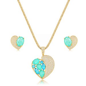 Conjunto luxo coração de brinco e anel cravejado de zircônia cristal e pedra fusion turmalina banho em ouro 18k