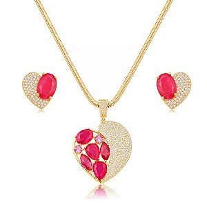 Conjunto luxo coração de brinco e anel cravejado de zircônia cristal e pedra fusion rubelita banho em ouro 18k