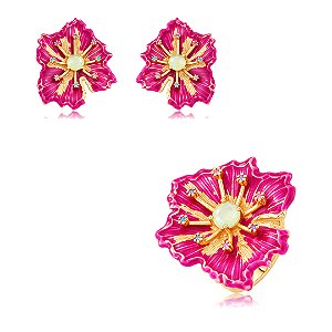 Conjunto de brinco e anel esmaltado com zircônia colorida banho em ouro 18k
