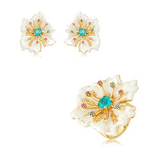 Conjunto de brinco e anel esmaltado com zircônia colorida banho em ouro 18k
