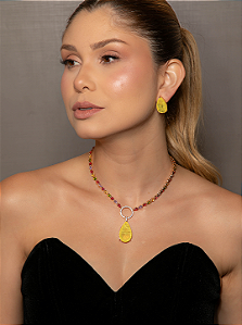 Conjunto de brinco e colar em zircônia colorida com pedra fusion yellow Banho em ouro 18k