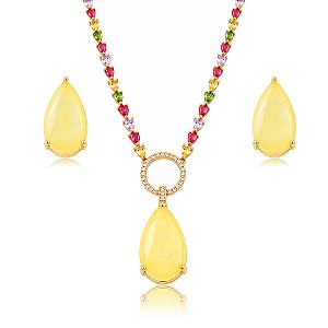 Conjunto de brinco e colar em zircônia colorida com pedra fusion yellow Banho em ouro 18k