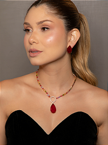 Conjunto de brinco e colar em zircônia colorida com pedra Fusion Rubi Banho em ouro 18k