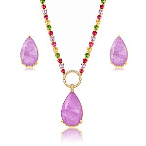 Conjunto de brinco e colar em zircônia colorida com pedra Fusion Ametista Banho em ouro 18k