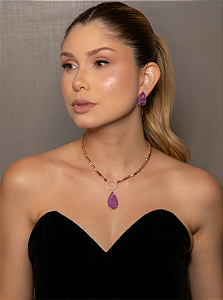 Conjunto de brinco e colar em zircônia colorida com pedra Fusion Ametista Banho em ouro 18k