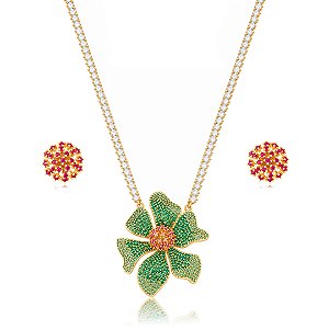 Conjunto de Brinco e Colar Luxo Cravejado em zircônia Esmeralda e Pink Banho em Ouro 18K