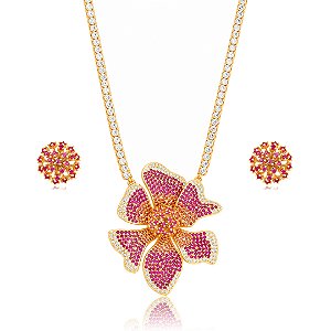 Conjunto de Brinco e Colar Luxo Cravejado em zircônia pink Banho em Ouro 18K