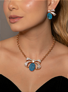 Conjunto Luxo de brinco e colar em zircônia cristal com pedra Fusion topázio Banho em Ouro 18K