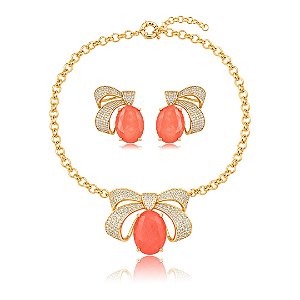 Conjunto Luxo de brinco e colar em zircônia cristal com pedra Fusion Coral Banho em Ouro 18K