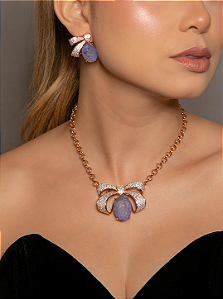 Conjunto Luxo de brinco e colar em zircônia cristal com pedra Fusion Ametista Banho em Ouro 18K