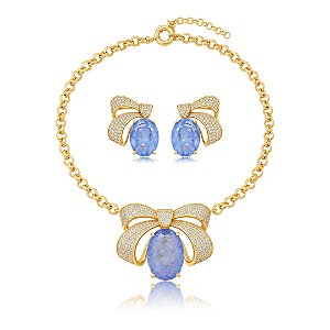 Conjunto Luxo de brinco e colar em zircônia cristal com pedra Fusion Ametista Banho em Ouro 18K