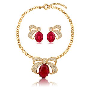 Conjunto Luxo de brinco e colar em zircônia cristal com pedra Fusion Rubi Banho em Ouro 18K