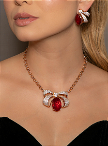Conjunto Luxo de brinco e colar em zircônia cristal com pedra Fusion Rubi Banho em Ouro 18K